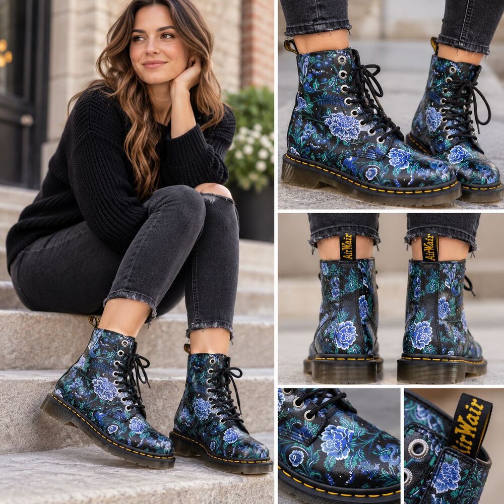 Dr Martens 1460 Pascal Boots Womens Size 6 Black Floral Lace Up Combat Ankle